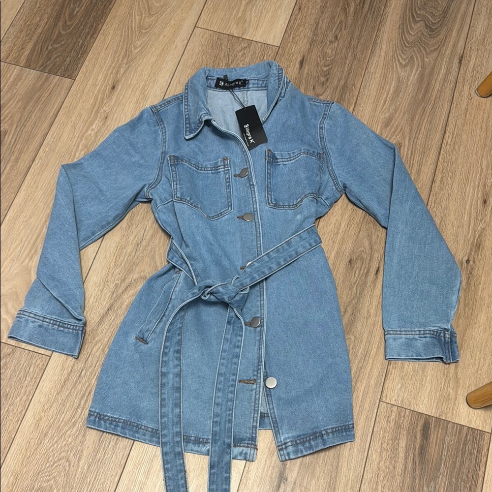 Allegra K NWT S BUTTON TIE BELT POCKETS HIP LENGTH Denim Jacket